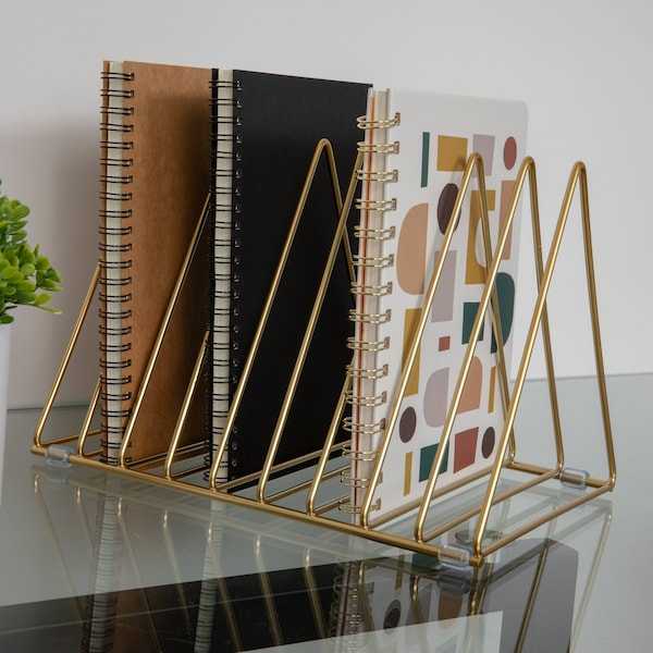 Martha Stewart Ryder Gold Metal 9 Slot Triangle Magazine File Holder, Desktop Organizer Sorter HH-OHD16-GLD-MS - main